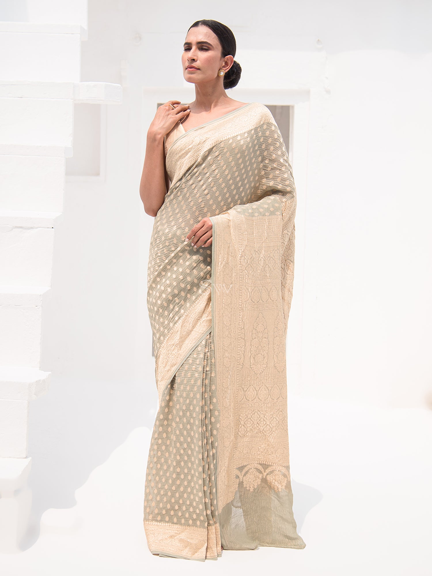 Pastel Green Pure Crush Tissue Silk Handloom Banarasi Saree - Sacred Weaves