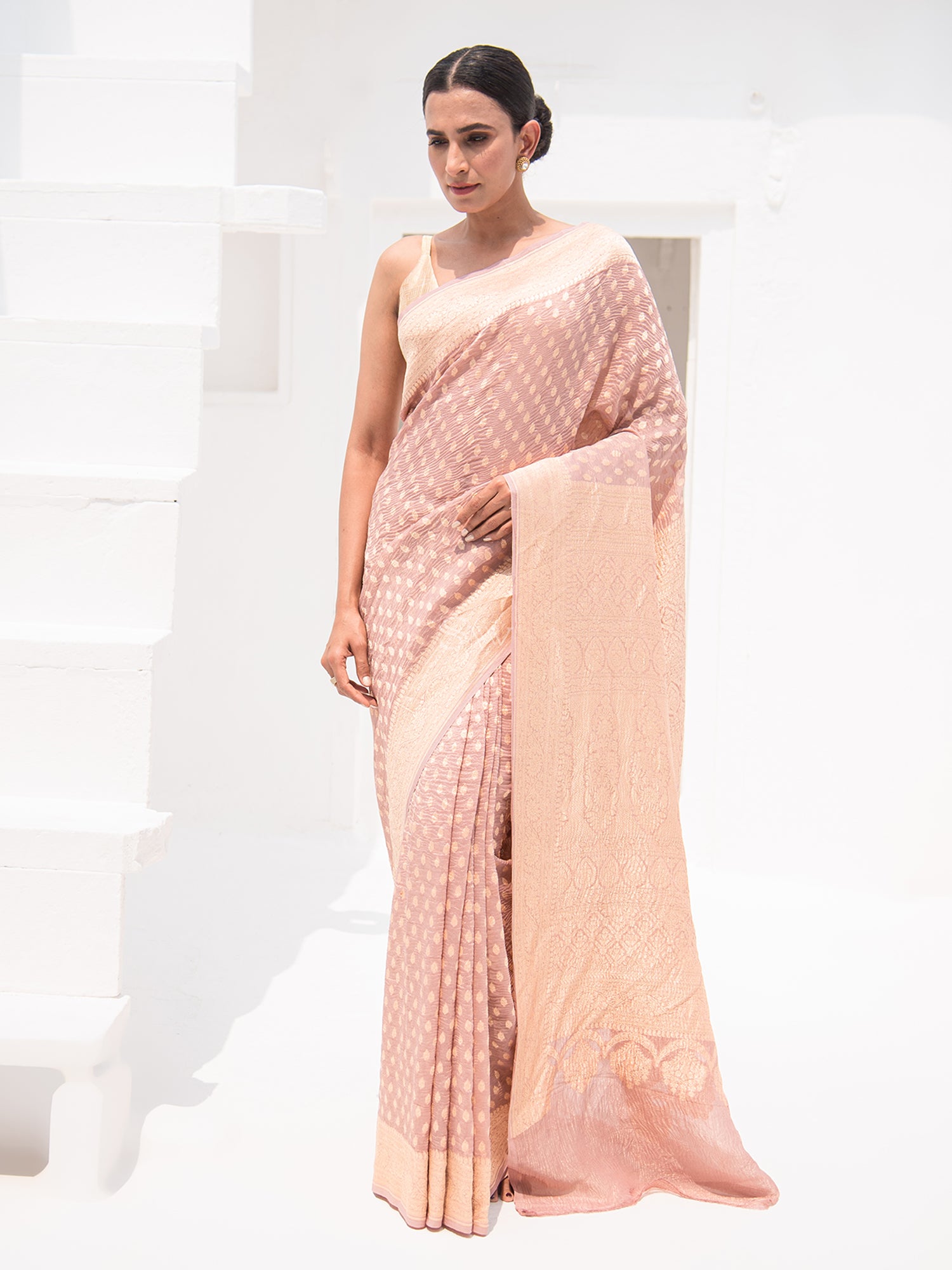 Pastel Mauve Pure Crush Tissue Silk Handloom Banarasi Saree - Sacred Weaves