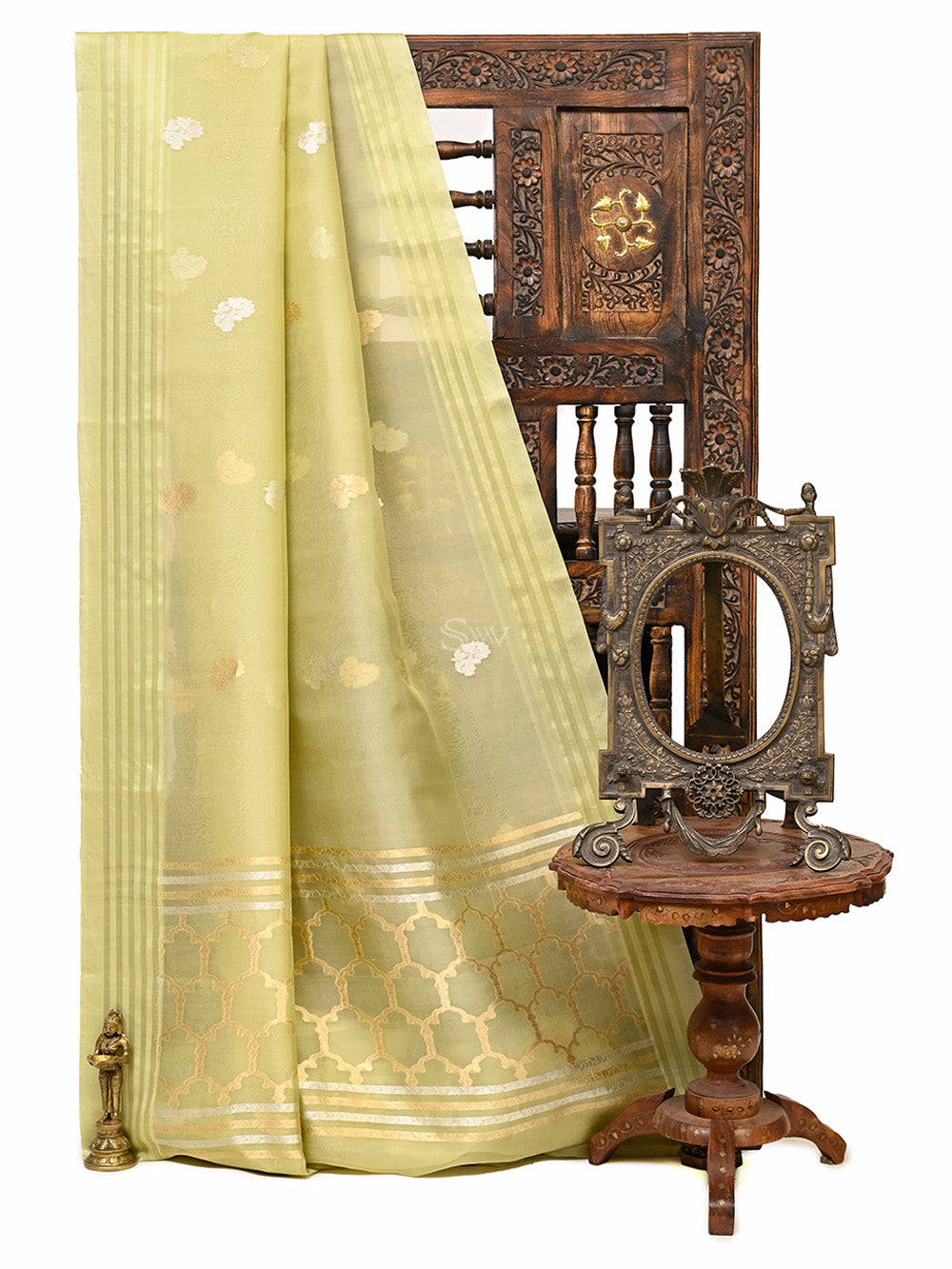 Moss Green Booti Organza Handloom Banarasi Saree