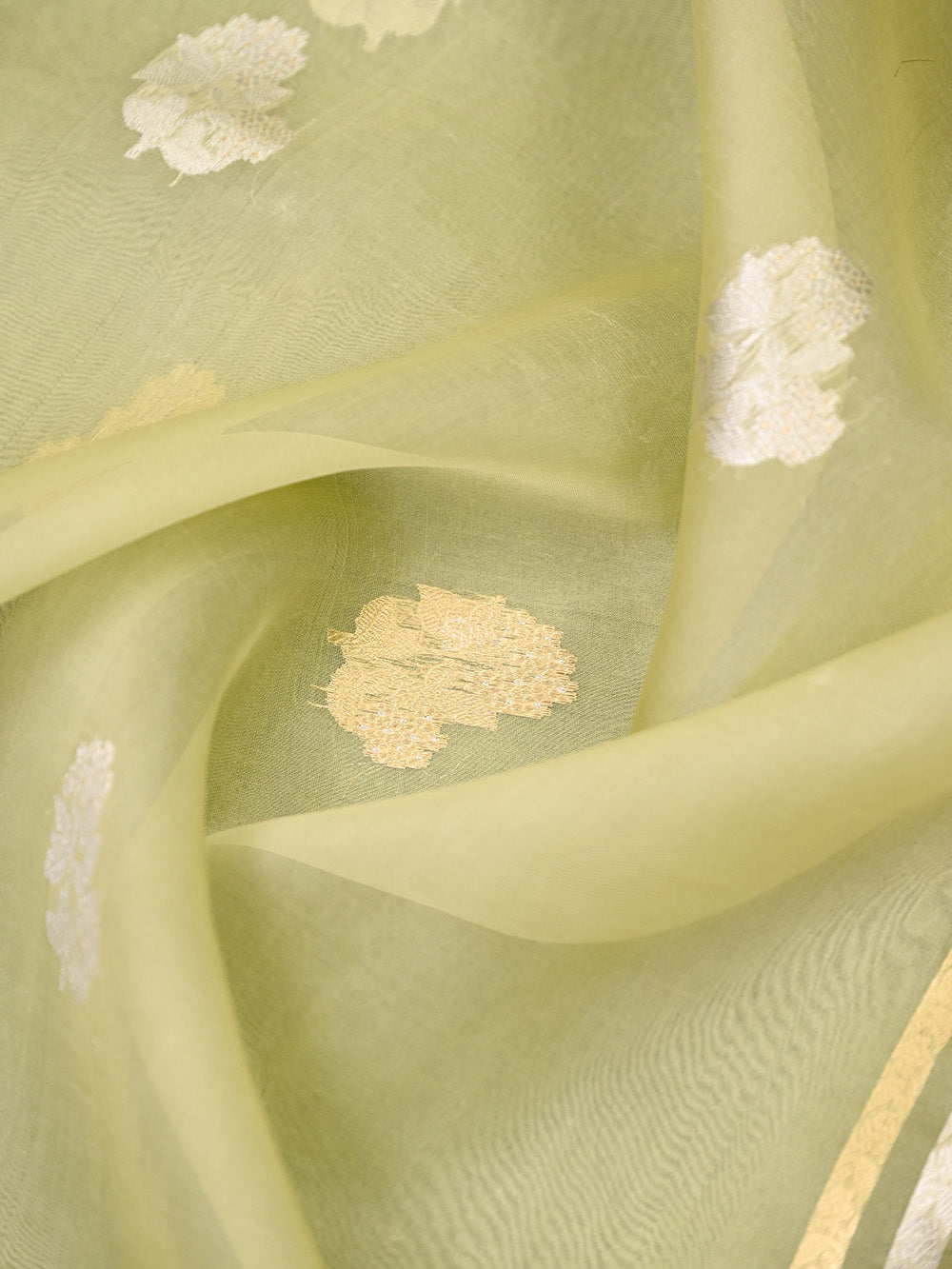 Moss Green Booti Organza Handloom Banarasi Saree - Sacred Weaves