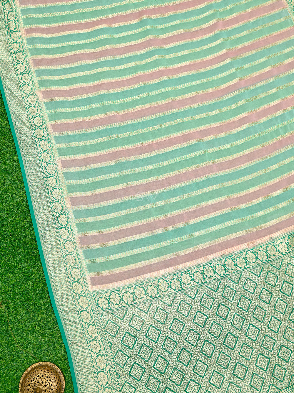 Pastel Green Pink Rangkat Khaddi Georgette Handloom Banarasi Saree - Sacred Weaves