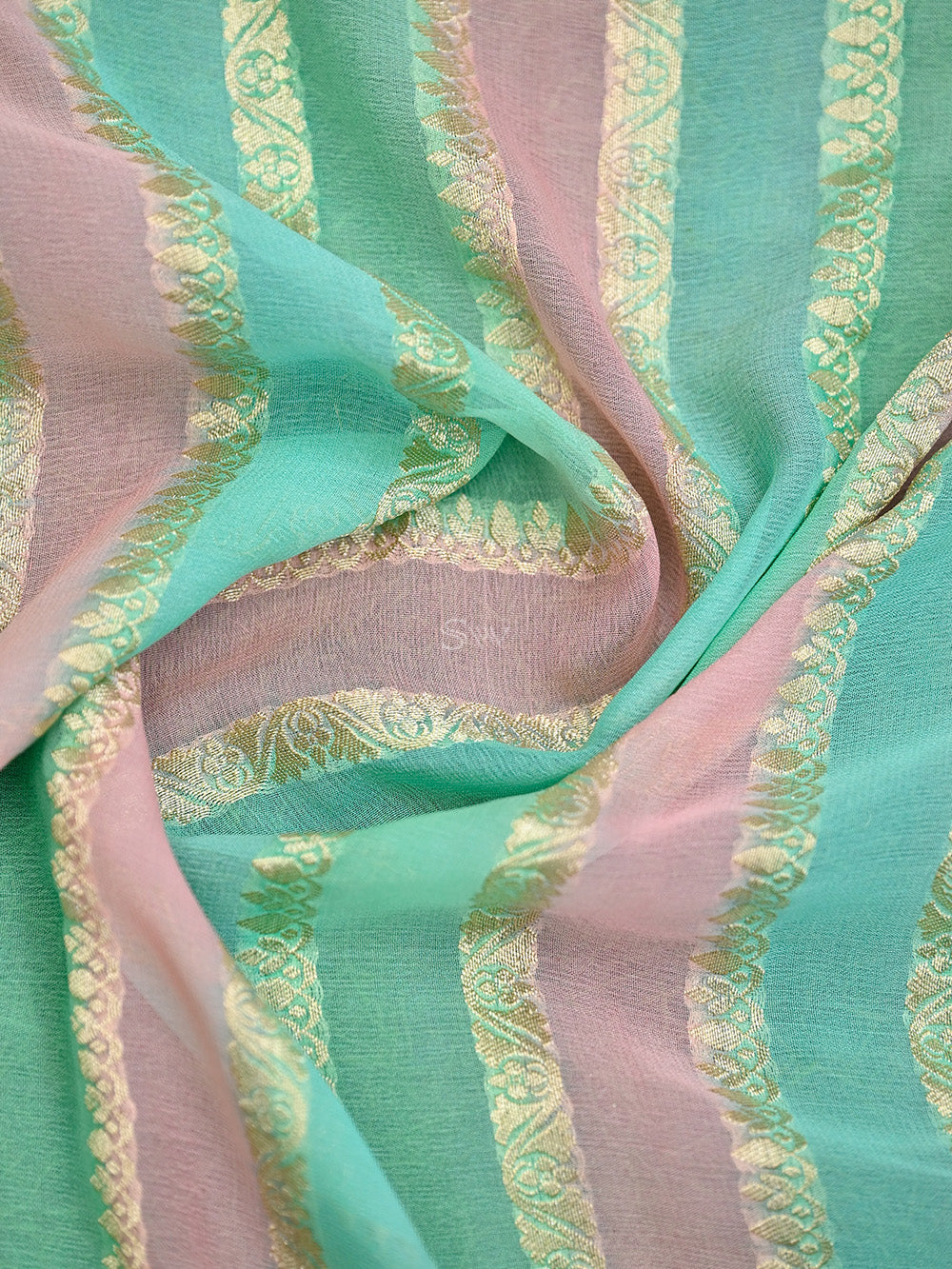 Pastel Green Pink Rangkat Khaddi Georgette Handloom Banarasi Saree - Sacred Weaves