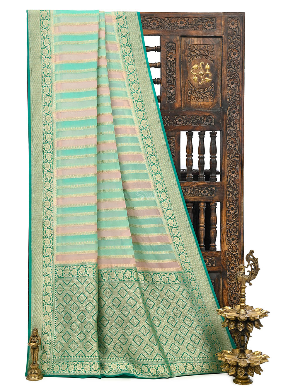 Pastel Green Pink Rangkat Khaddi Georgette Handloom Banarasi Saree - Sacred Weaves