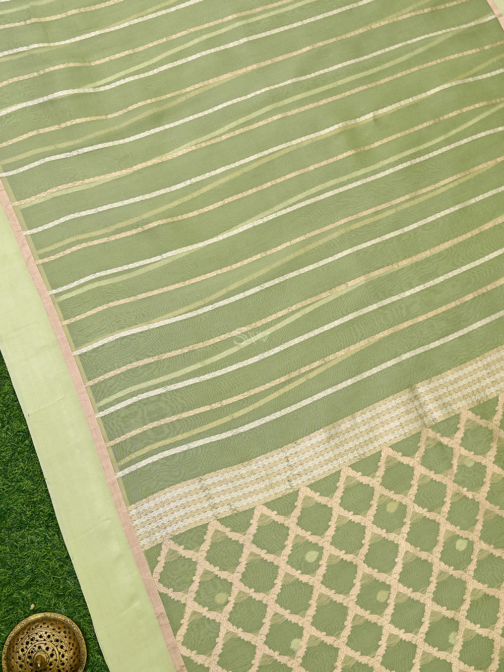 Moss Green Stripe Organza Handloom Banarasi Saree - Sacred Weaves
