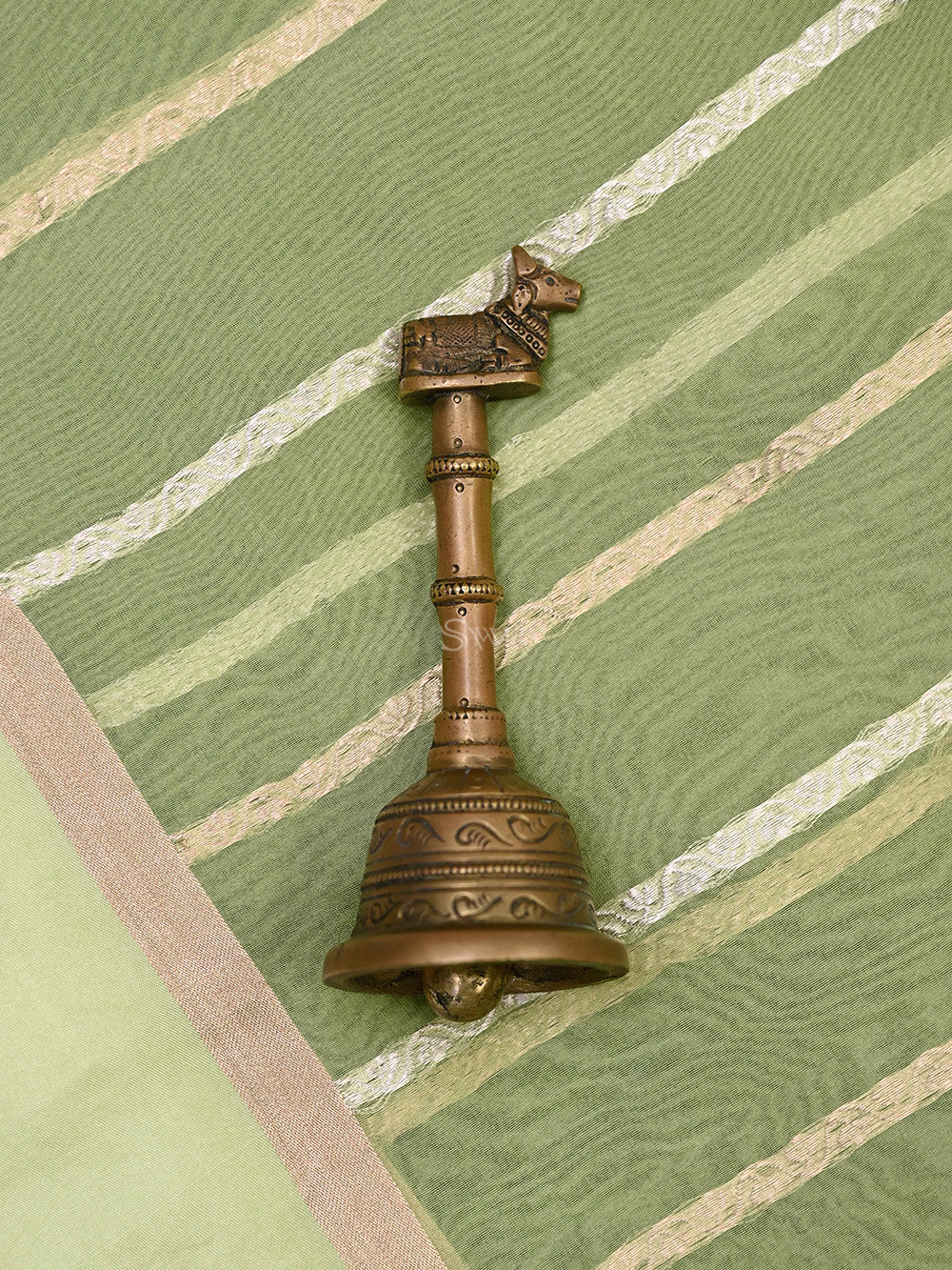 Moss Green Stripe Organza Handloom Banarasi Saree - Sacred Weaves