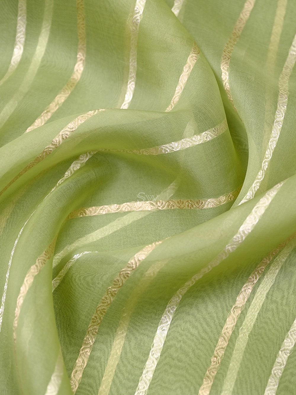 Moss Green Stripe Organza Handloom Banarasi Saree - Sacred Weaves