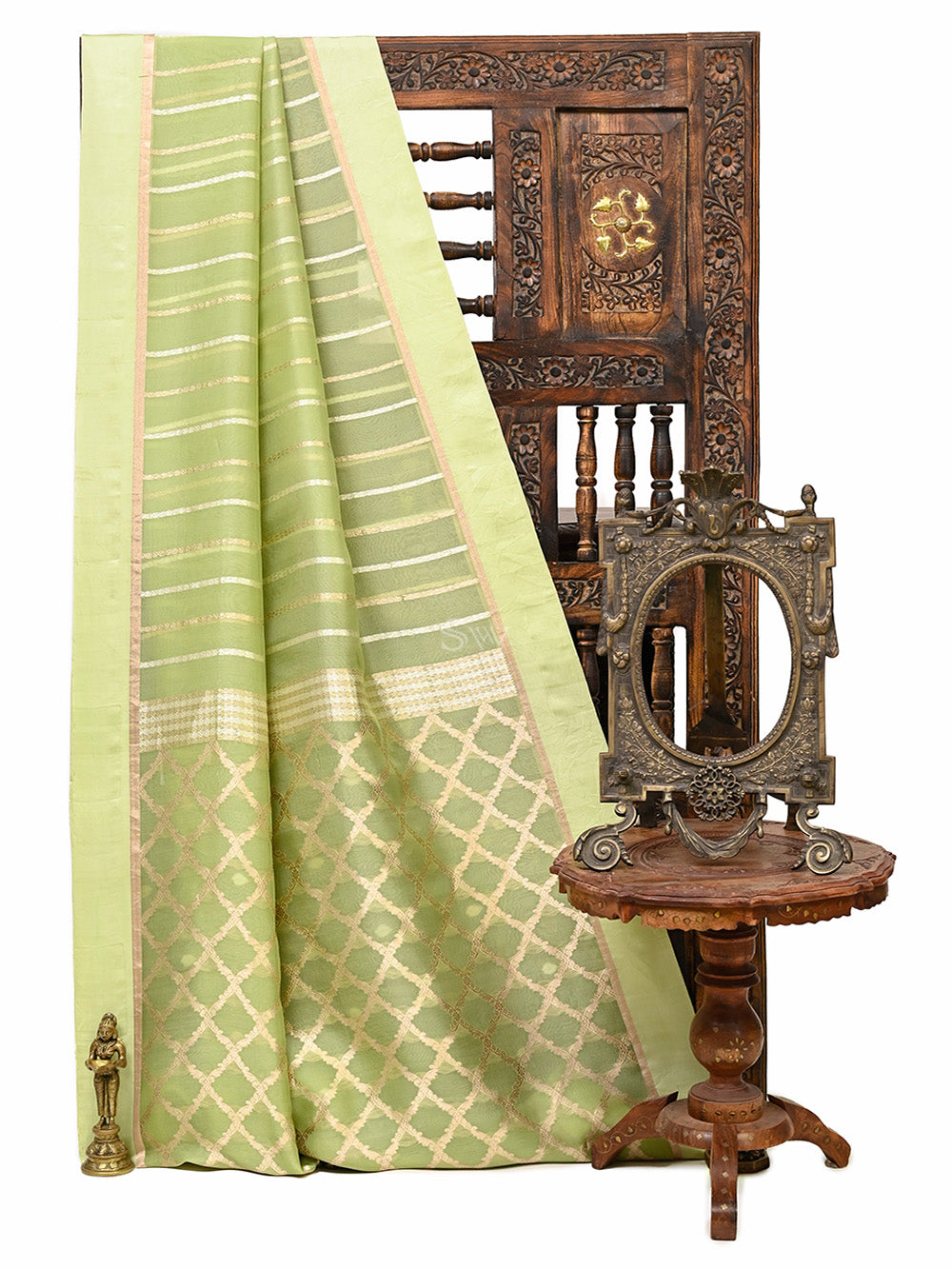 Moss Green Stripe Organza Handloom Banarasi Saree