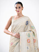 Off White Meenakari Moonga Tussar Silk Handloom Banarasi Saree - Sacred Weaves