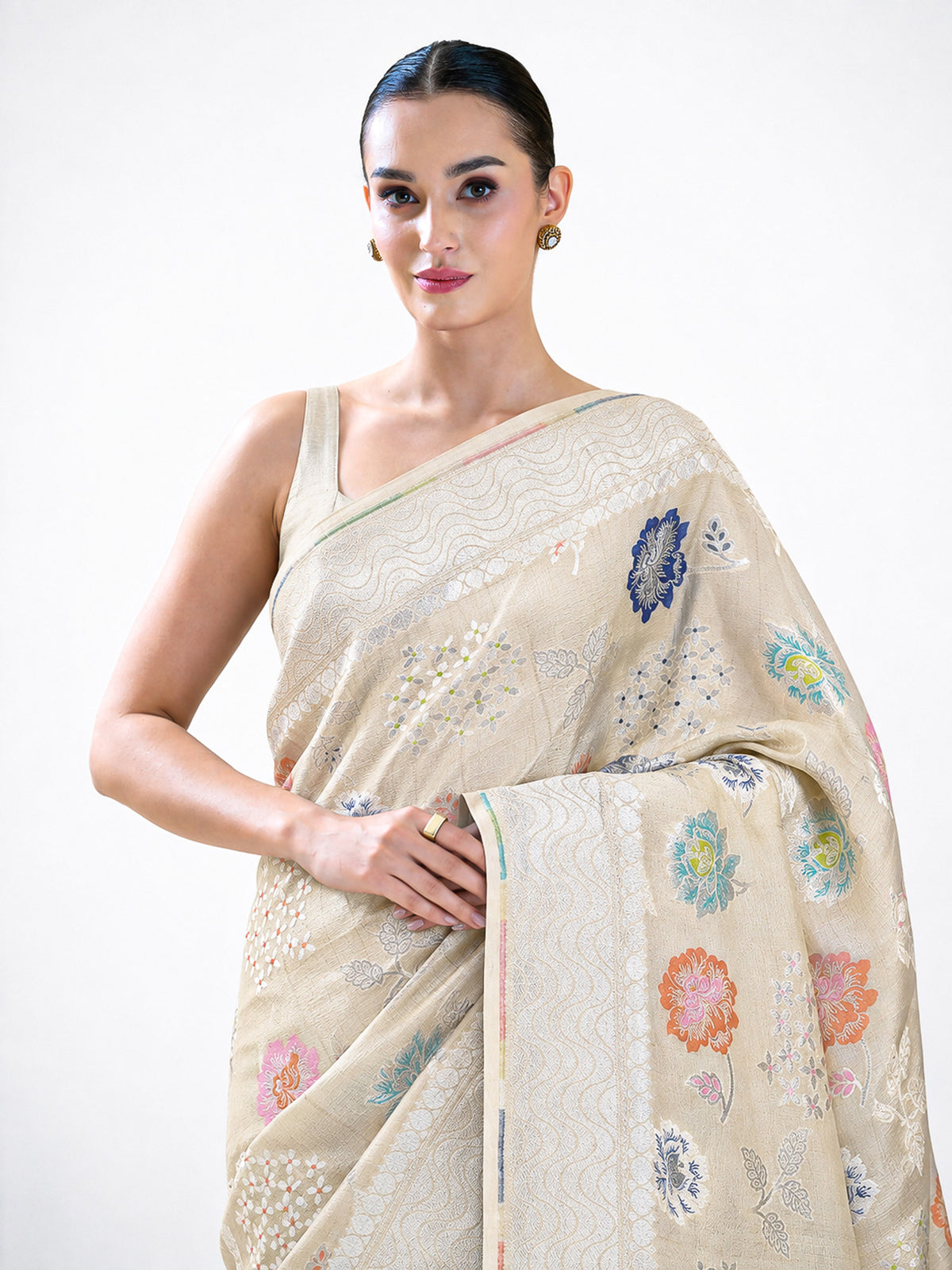 Off White Meenakari Moonga Tussar Silk Handloom Banarasi Saree - Sacred Weaves