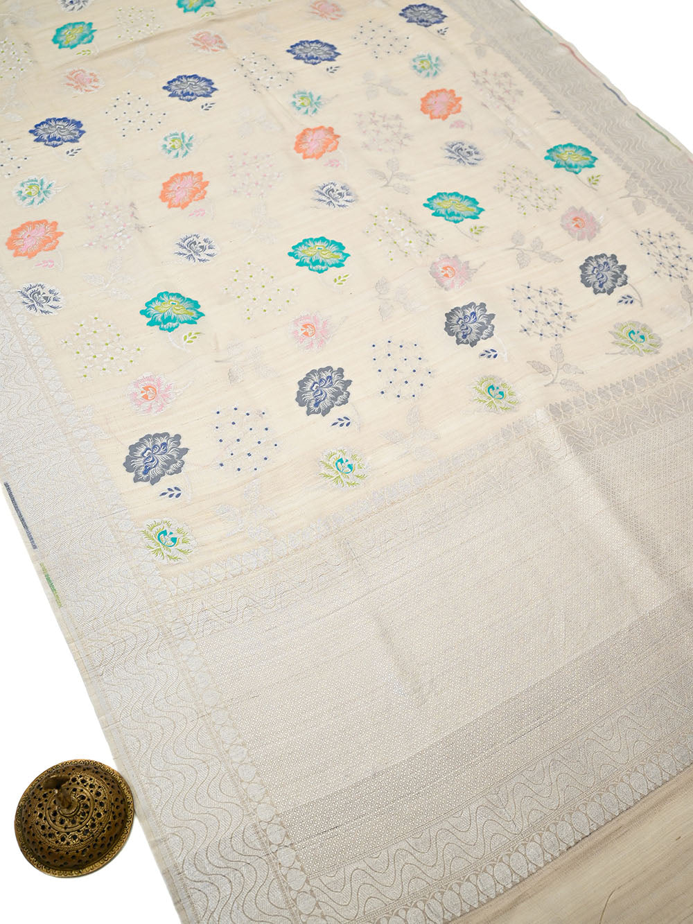Off White Meenakari Moonga Tussar Silk Handloom Banarasi Saree - Sacred Weaves