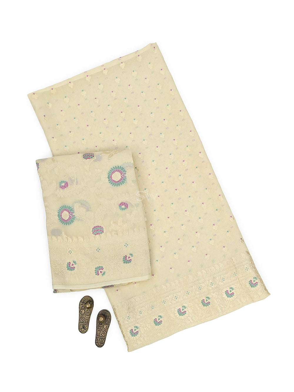 Cream Meenakari Khaddi Georgette Handloom Banarasi Suit - Sacred Weaves