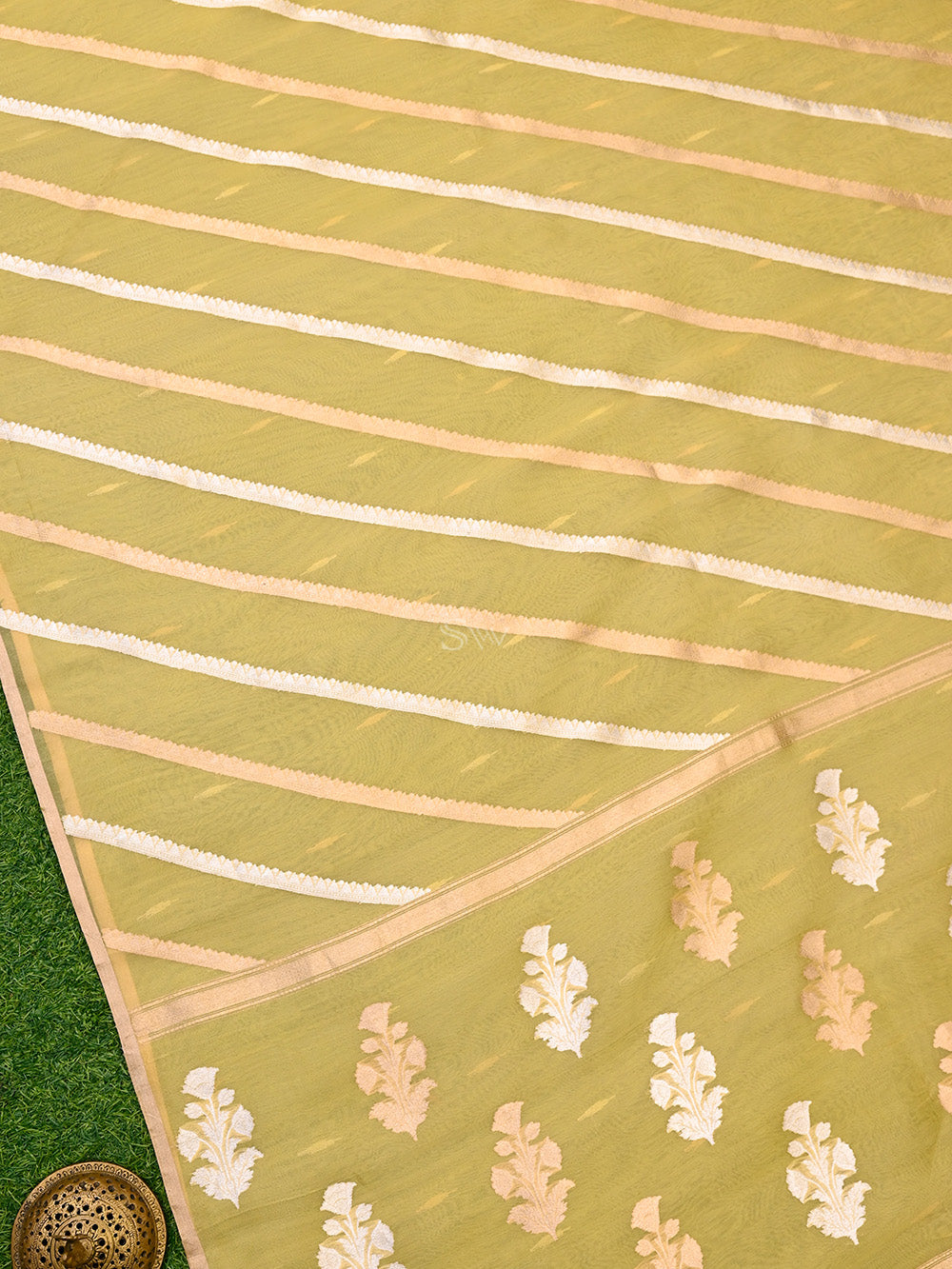 Yellow Stripe Organza Handloom Banarasi Saree - Sacred Weaves