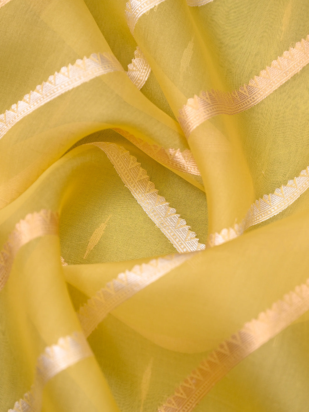 Yellow Stripe Organza Handloom Banarasi Saree - Sacred Weaves