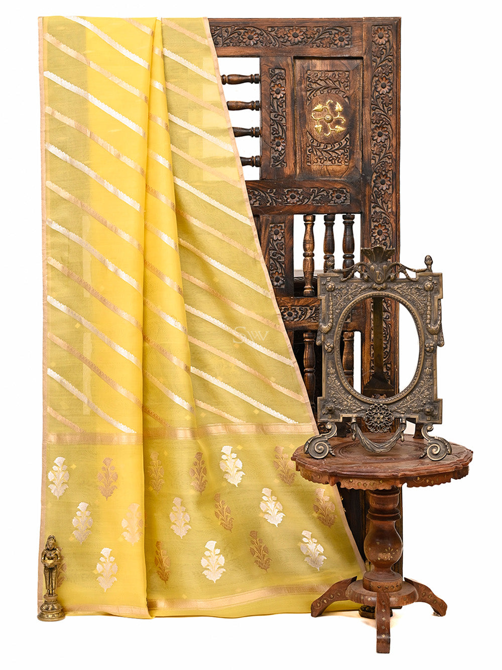 Yellow Stripe Organza Handloom Banarasi Saree