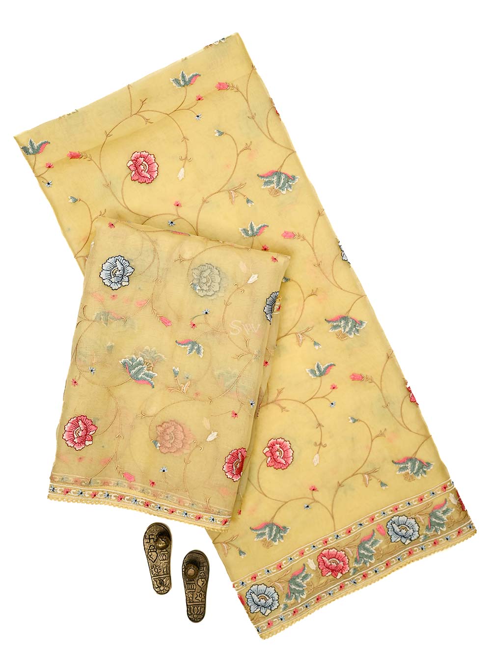 Yellow Embroidered Organza Handloom Banarasi Suit - Sacred Weaves