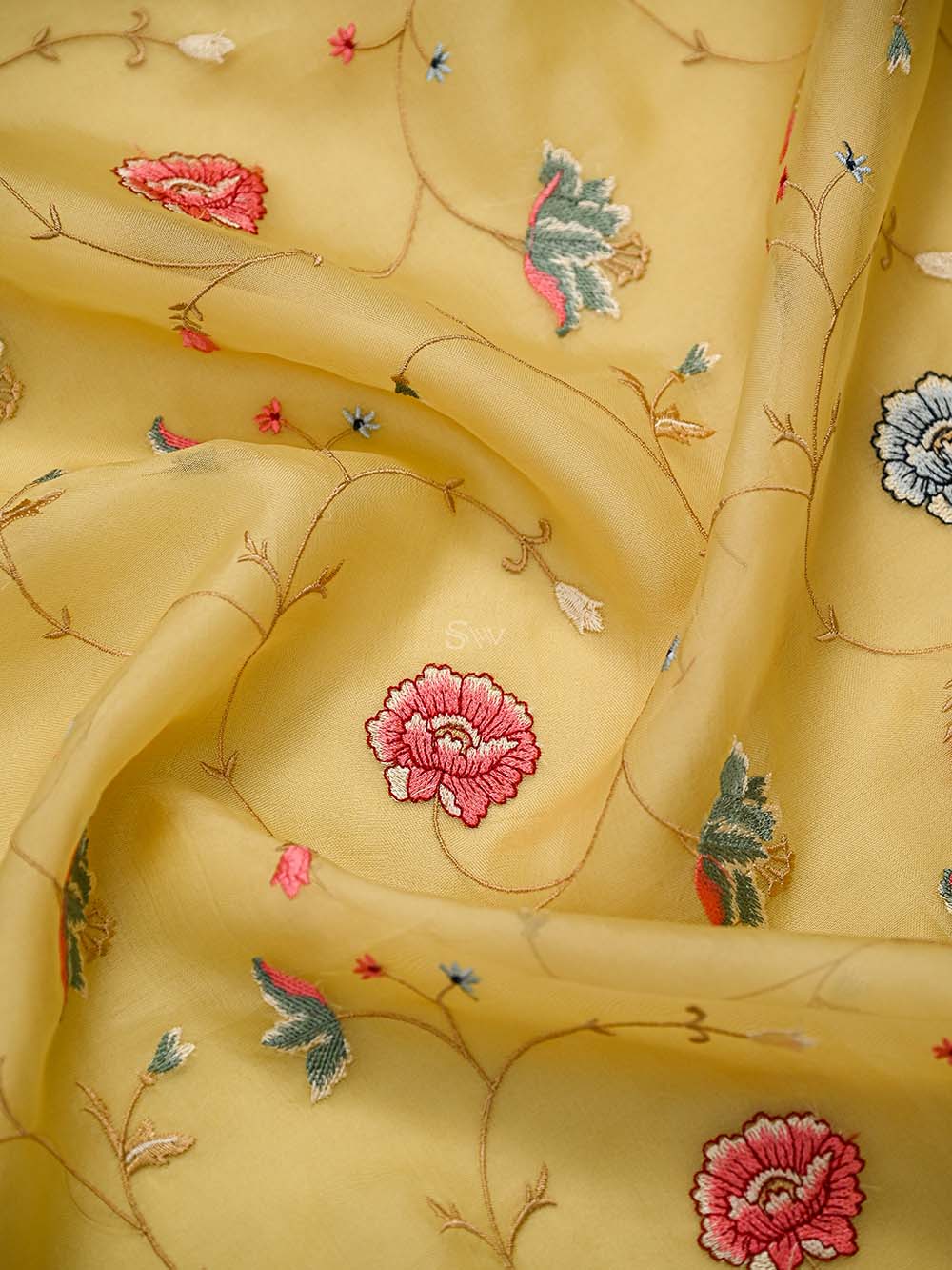 Yellow Embroidered Organza Handloom Banarasi Suit - Sacred Weaves