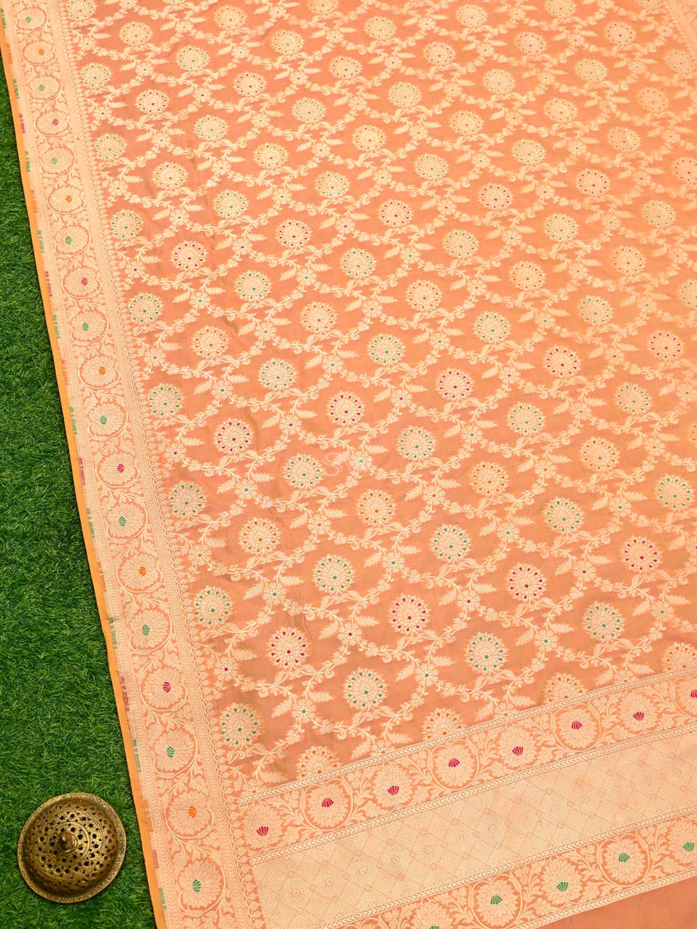 Orange Pink Meenakari Jaal Katan Silk Handloom Banarasi Dupatta - Sacred Weaves