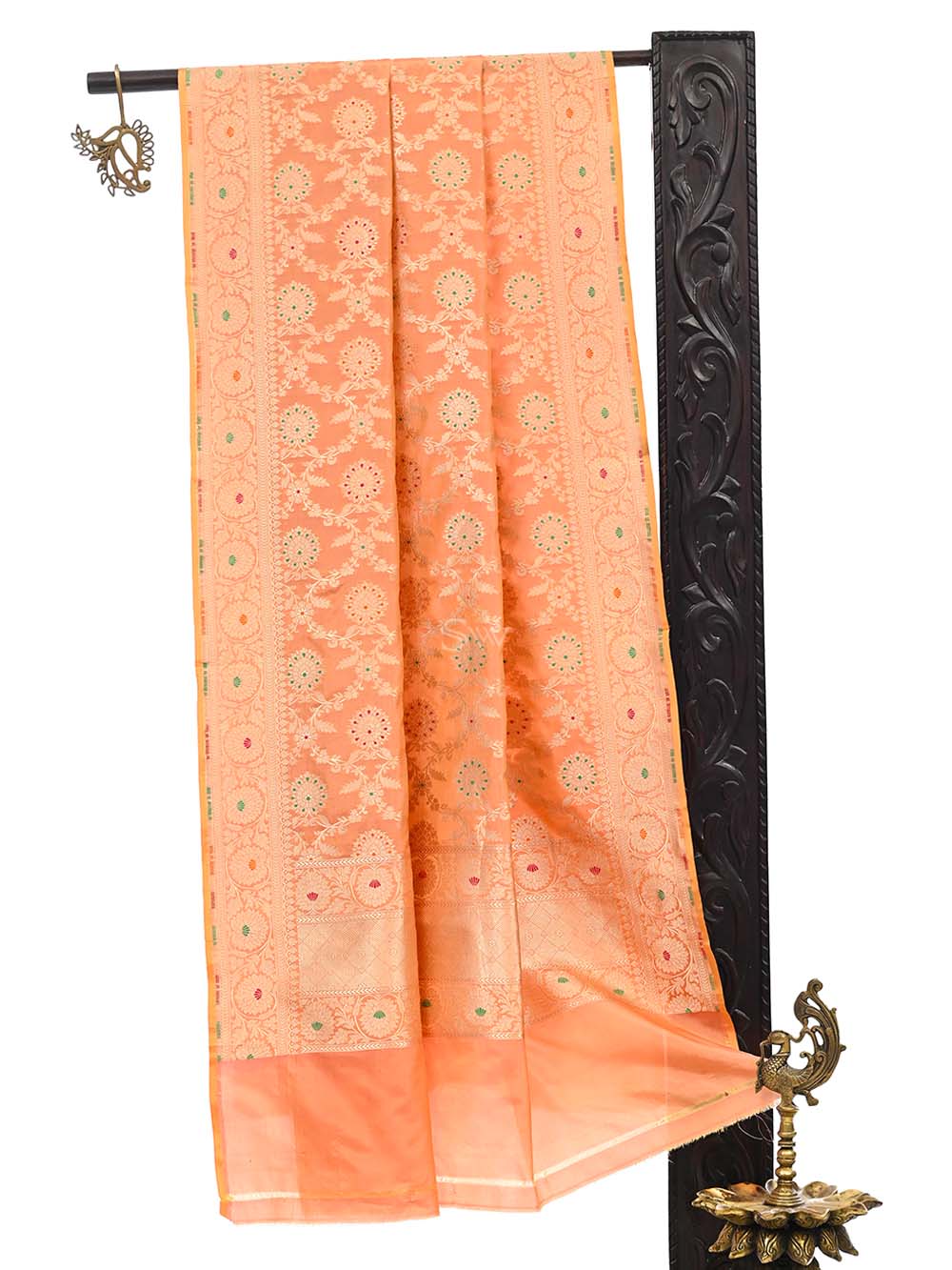 Orange Pink Meenakari Jaal Katan Silk Handloom Banarasi Dupatta - Sacred Weaves