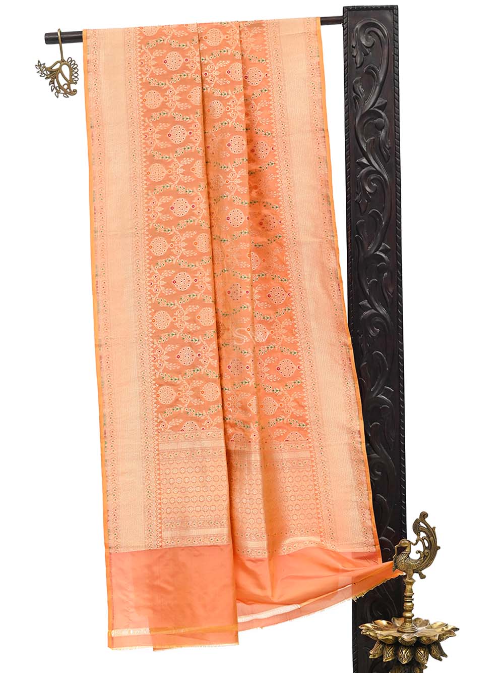 Orange Pink Meenakari Jaal Katan Silk Handloom Banarasi Dupatta - Sacred Weaves