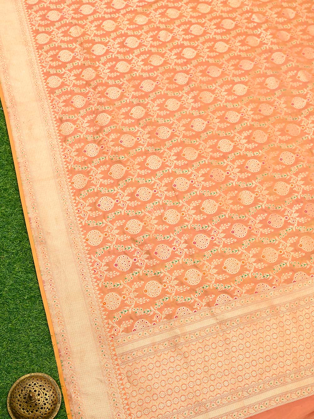Orange Pink Meenakari Jaal Katan Silk Handloom Banarasi Dupatta - Sacred Weaves