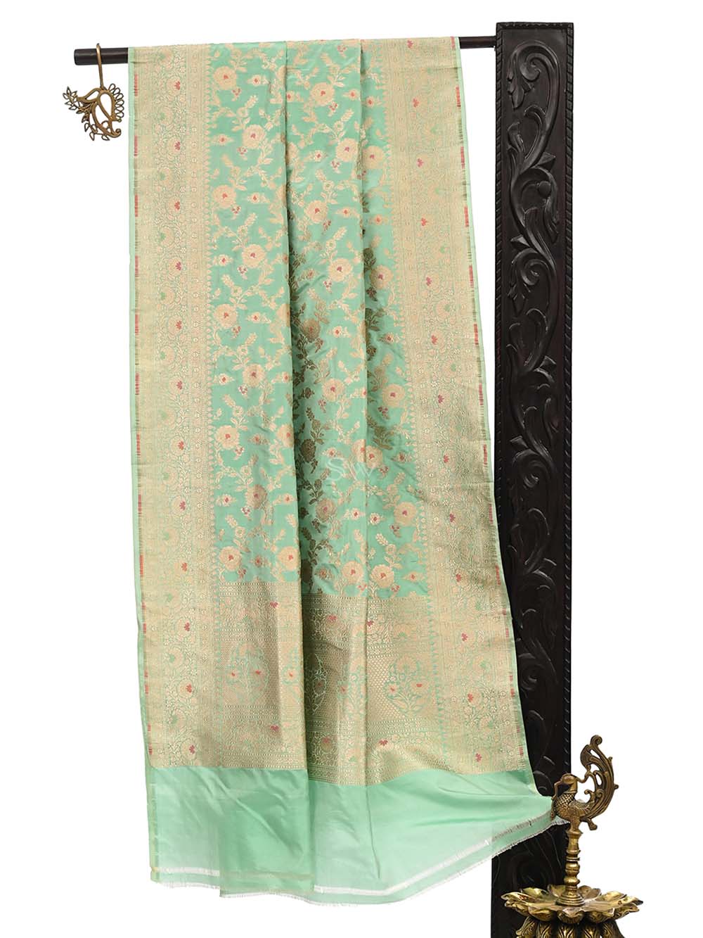 Sea Green Meenakari Jaal Katan Silk Handloom Banarasi Dupatta - Sacred Weaves