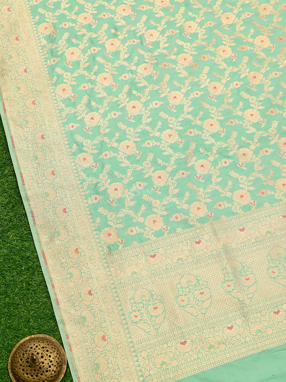 Sea Green Meenakari Jaal Katan Silk Handloom Banarasi Dupatta - Sacred Weaves