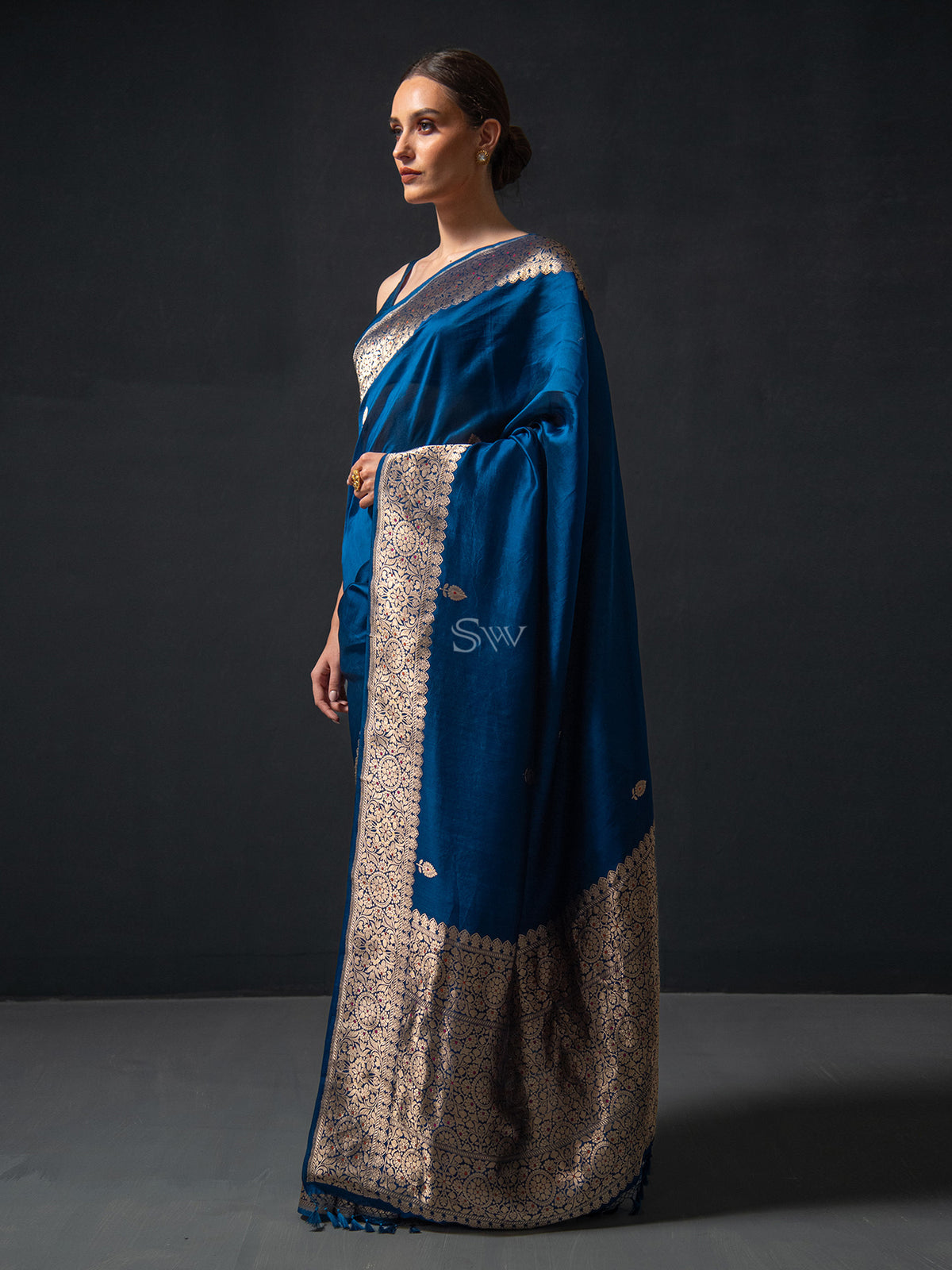 Midnight Blue Organza Silk Handloom Banarasi Saree - Sacred Weaves