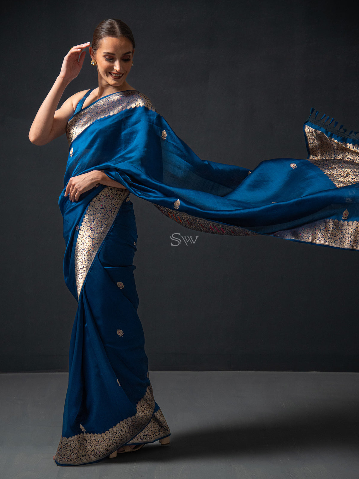 Midnight Blue Organza Silk Handloom Banarasi Saree - Sacred Weaves