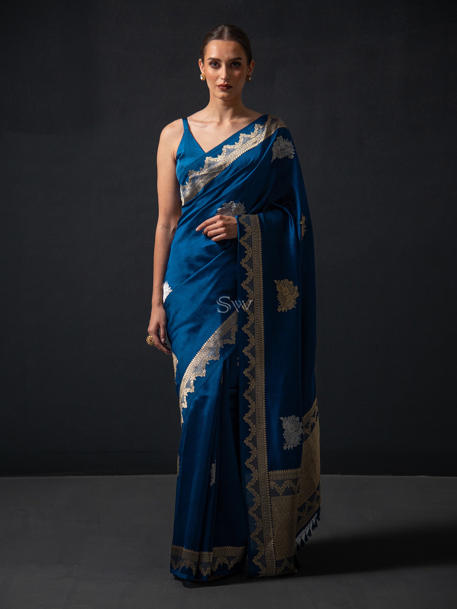 Midnight Blue Boota Organza Silk Handloom Banarasi Saree - Sacred Weaves