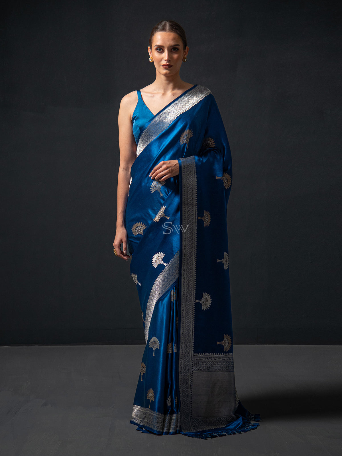 Midnight Blue Boota Satin Silk Handloom Banarasi Saree - Sacred Weaves