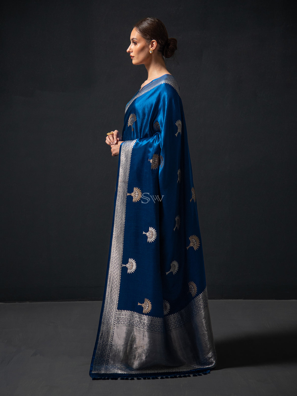 Midnight Blue Boota Satin Silk Handloom Banarasi Saree - Sacred Weaves