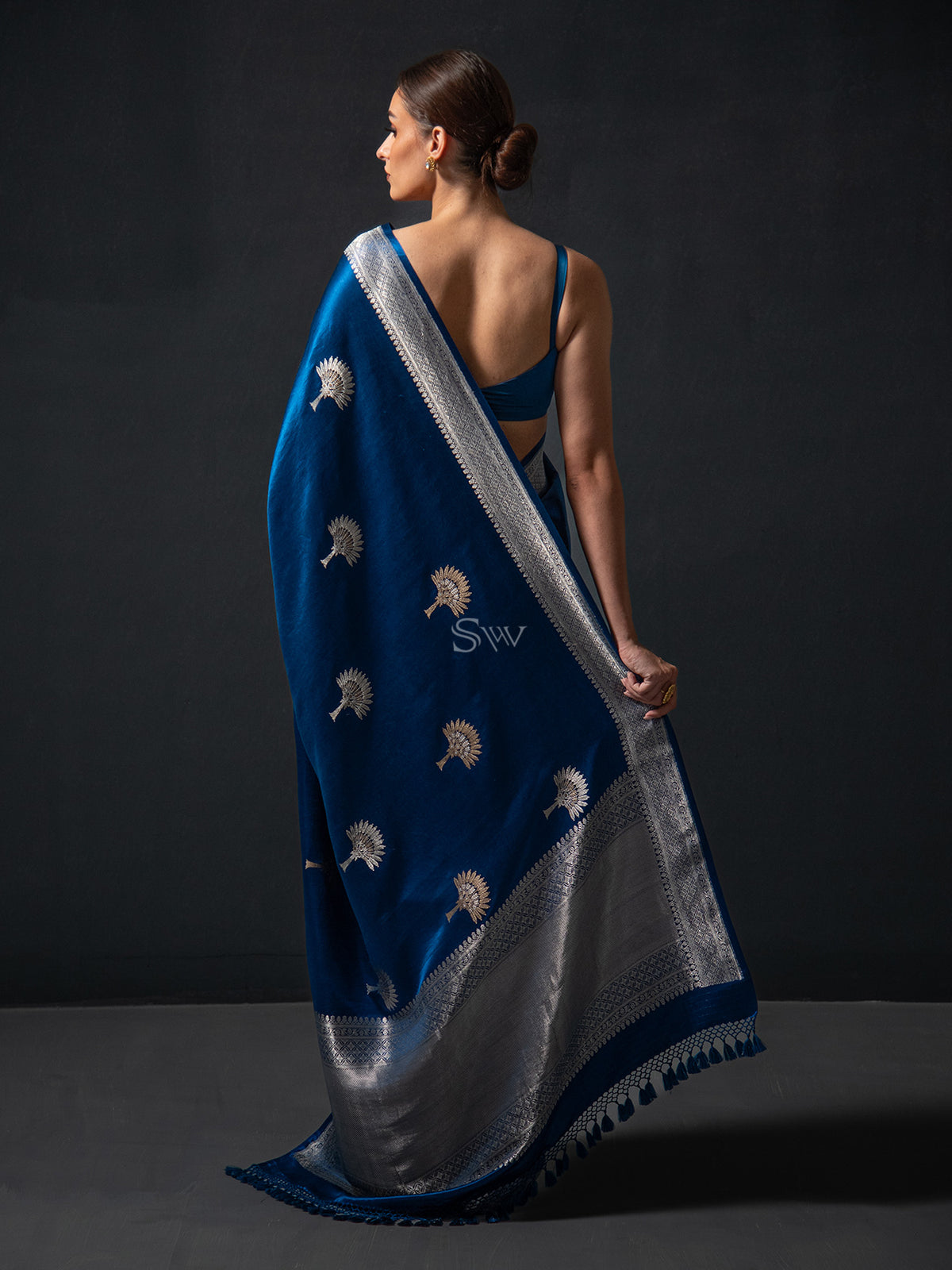 Midnight Blue Boota Satin Silk Handloom Banarasi Saree - Sacred Weaves