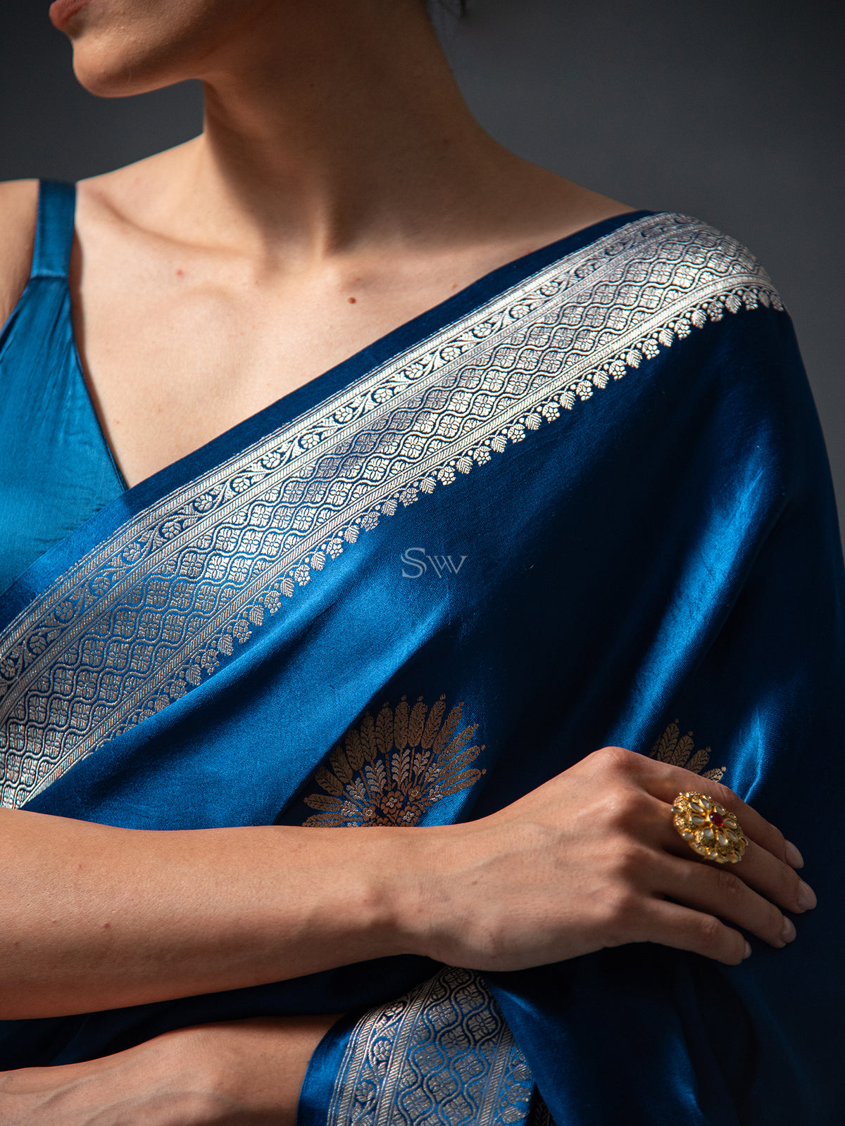 Midnight Blue Boota Satin Silk Handloom Banarasi Saree - Sacred Weaves