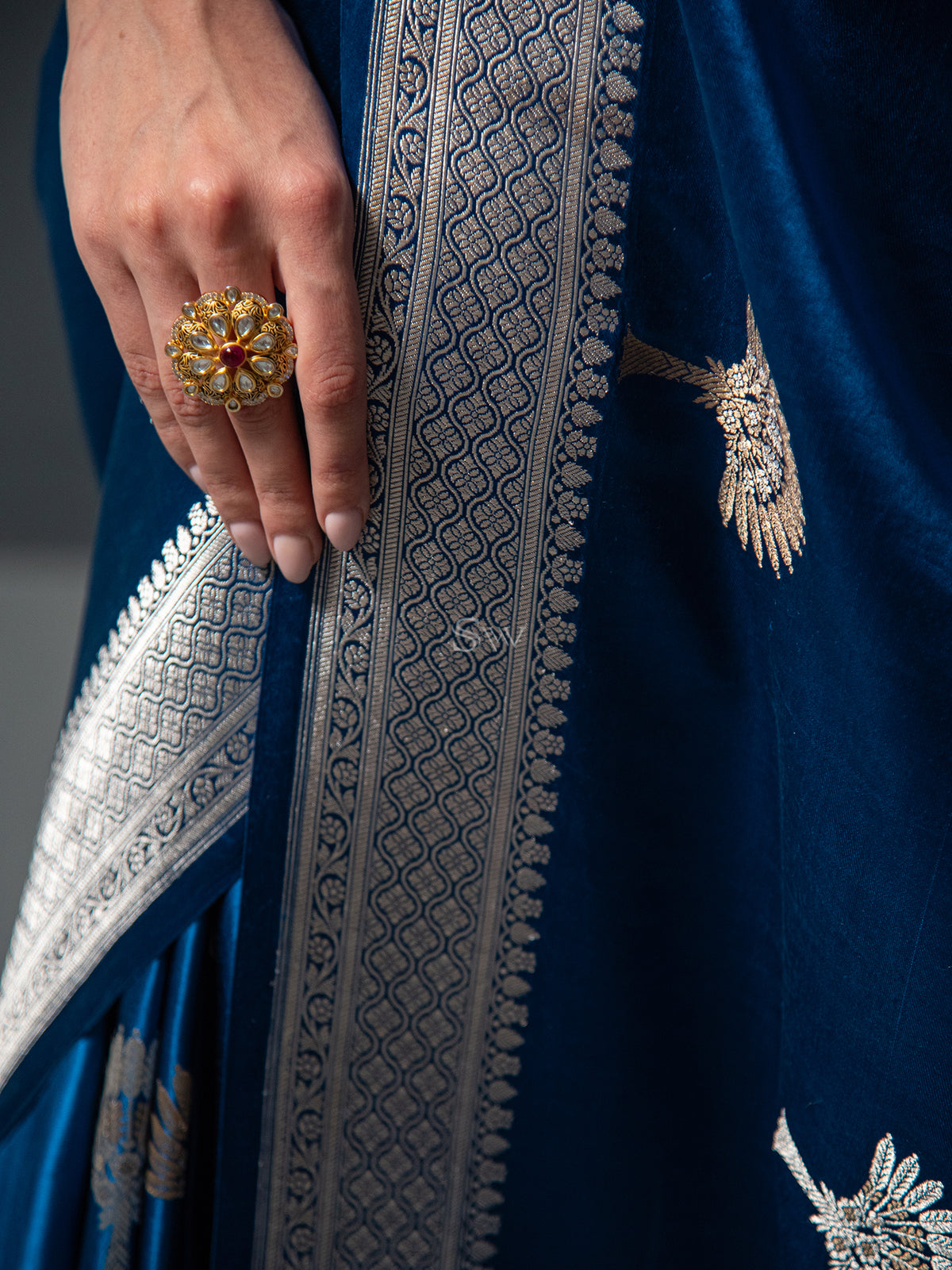 Midnight Blue Boota Satin Silk Handloom Banarasi Saree - Sacred Weaves