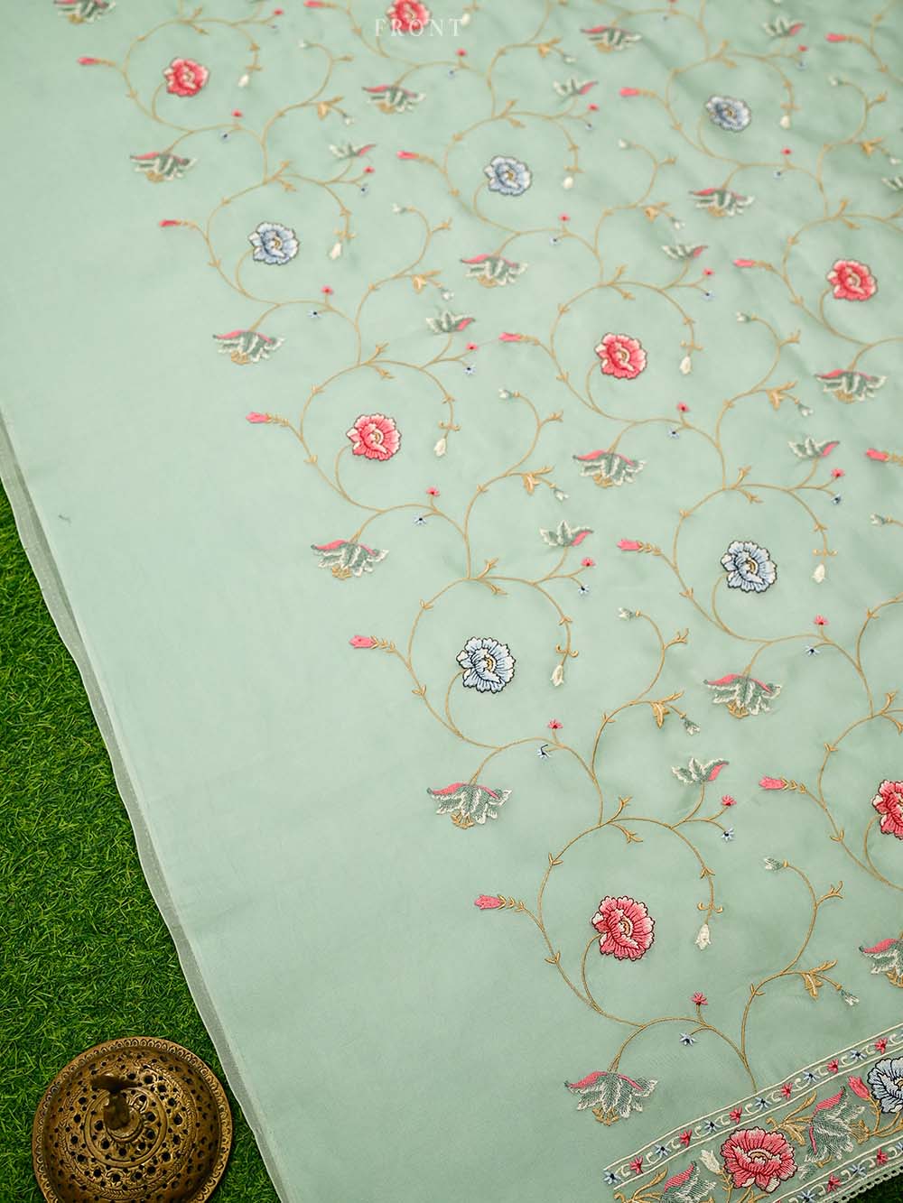 Seafoam Green Embroidered Organza Handloom Banarasi Suit - Sacred Weaves