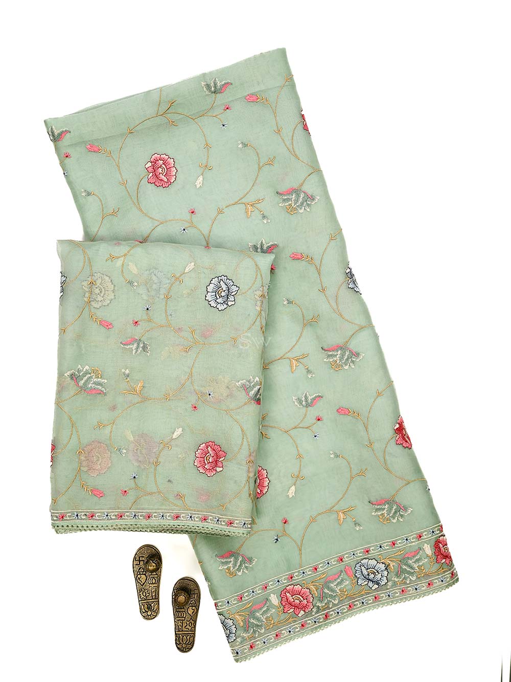 Seafoam Green Embroidered Organza Handloom Banarasi Suit - Sacred Weaves