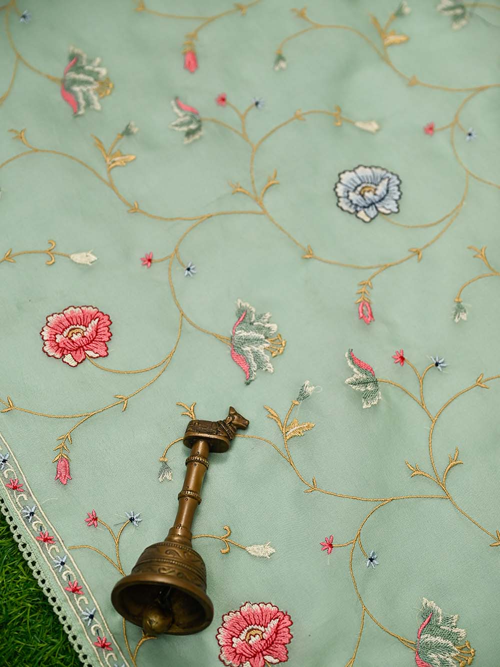 Seafoam Green Embroidered Organza Handloom Banarasi Suit - Sacred Weaves