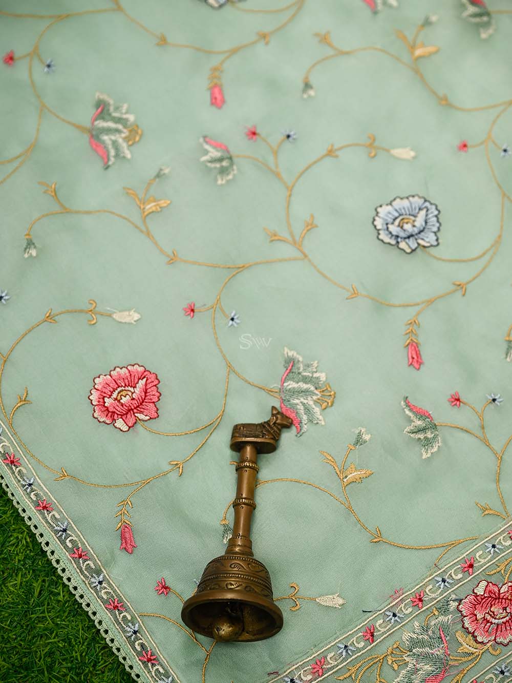 Seafoam Green Embroidered Organza Handloom Banarasi Suit - Sacred Weaves