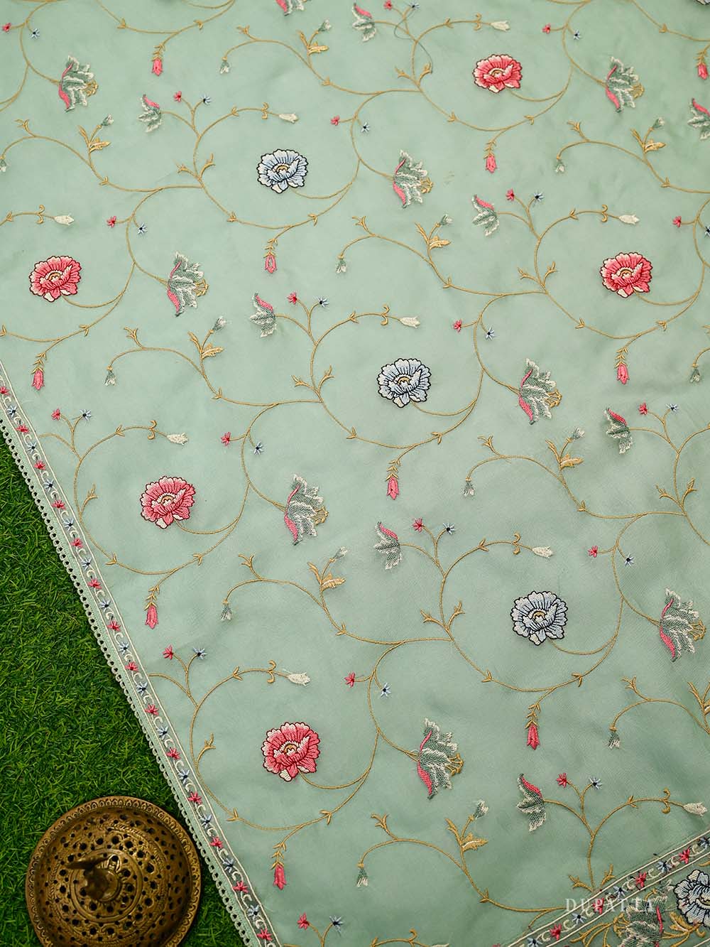 Seafoam Green Embroidered Organza Handloom Banarasi Suit - Sacred Weaves