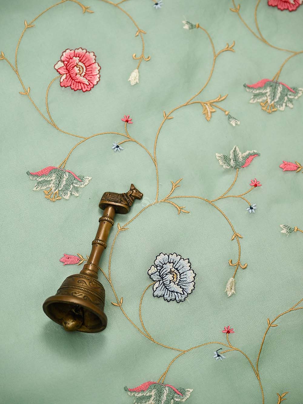 Seafoam Green Embroidered Organza Handloom Banarasi Suit - Sacred Weaves