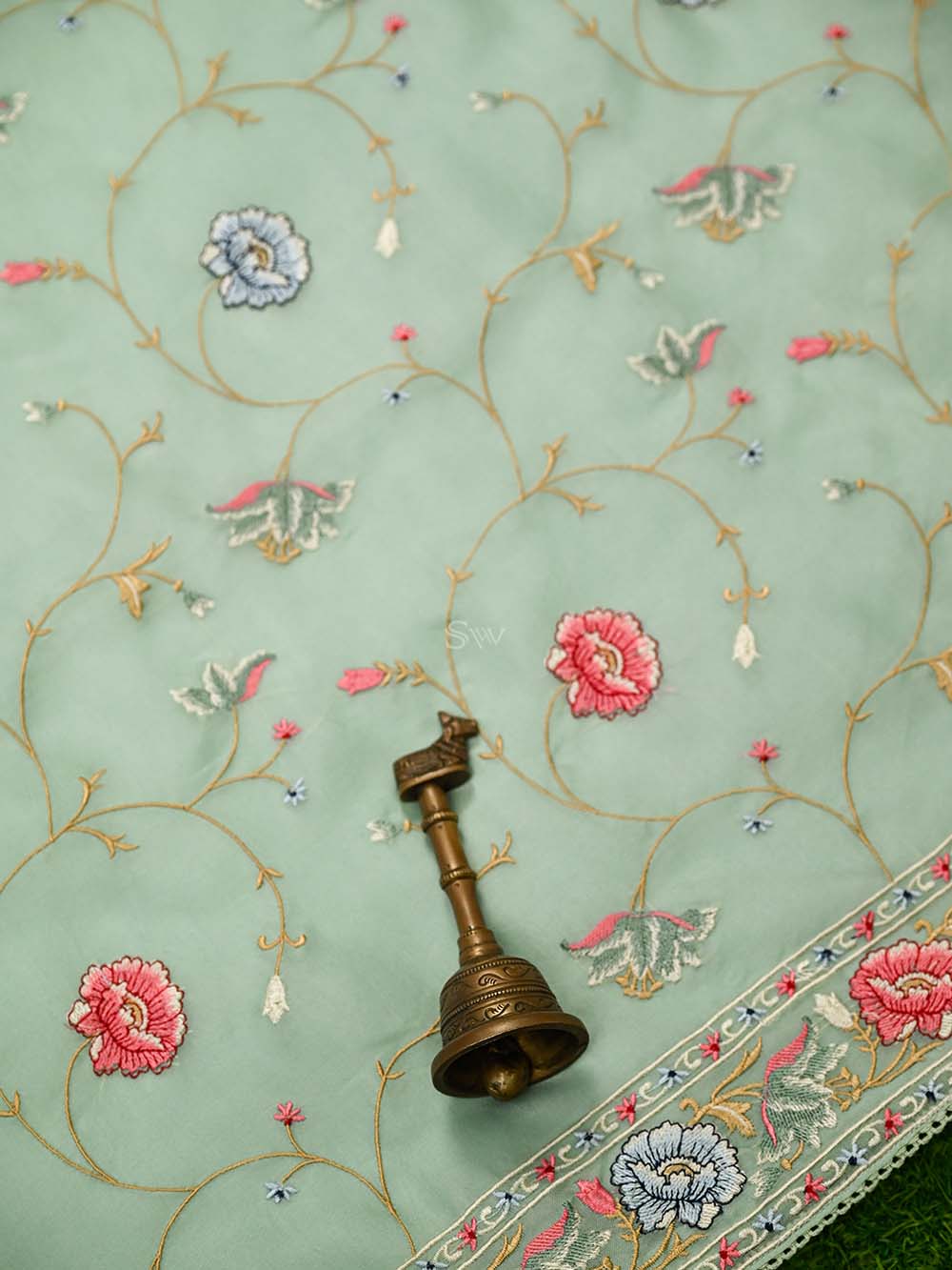 Seafoam Green Embroidered Organza Handloom Banarasi Suit - Sacred Weaves