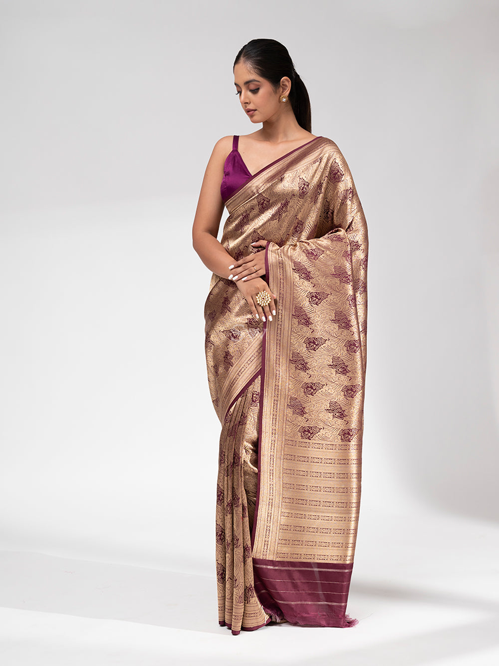 Wine Katan Silk Shikargah Brocade Handloom Banarasi Saree - Sacred Weaves