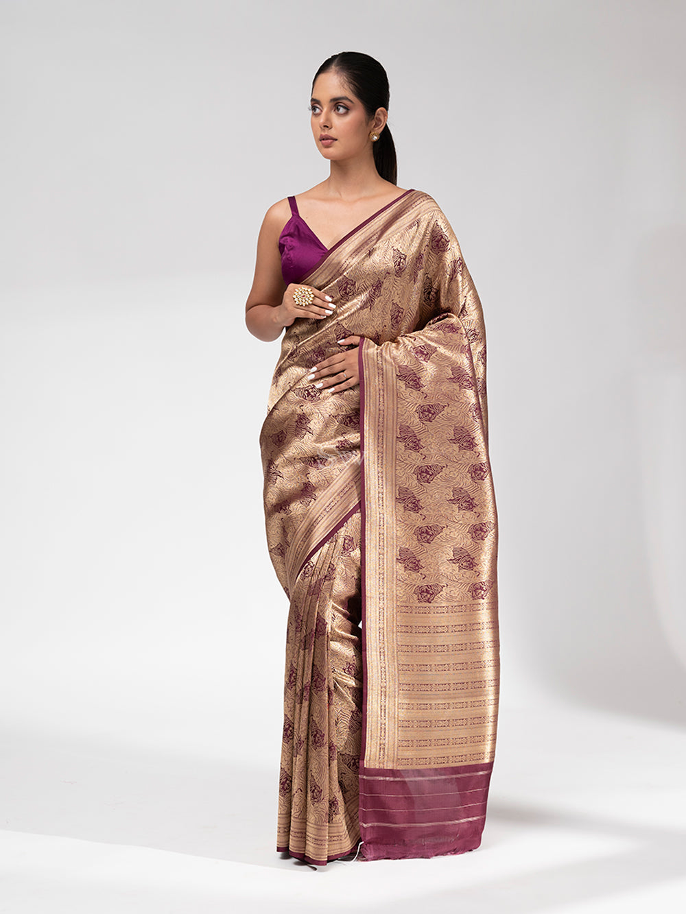 Wine Katan Silk Shikargah Brocade Handloom Banarasi Saree - Sacred Weaves