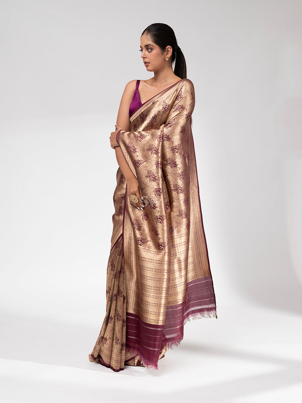 Wine Katan Silk Shikargah Brocade Handloom Banarasi Saree - Sacred Weaves