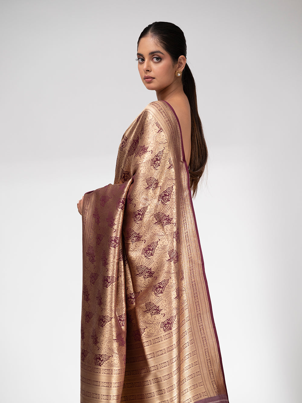 Wine Katan Silk Shikargah Brocade Handloom Banarasi Saree - Sacred Weaves