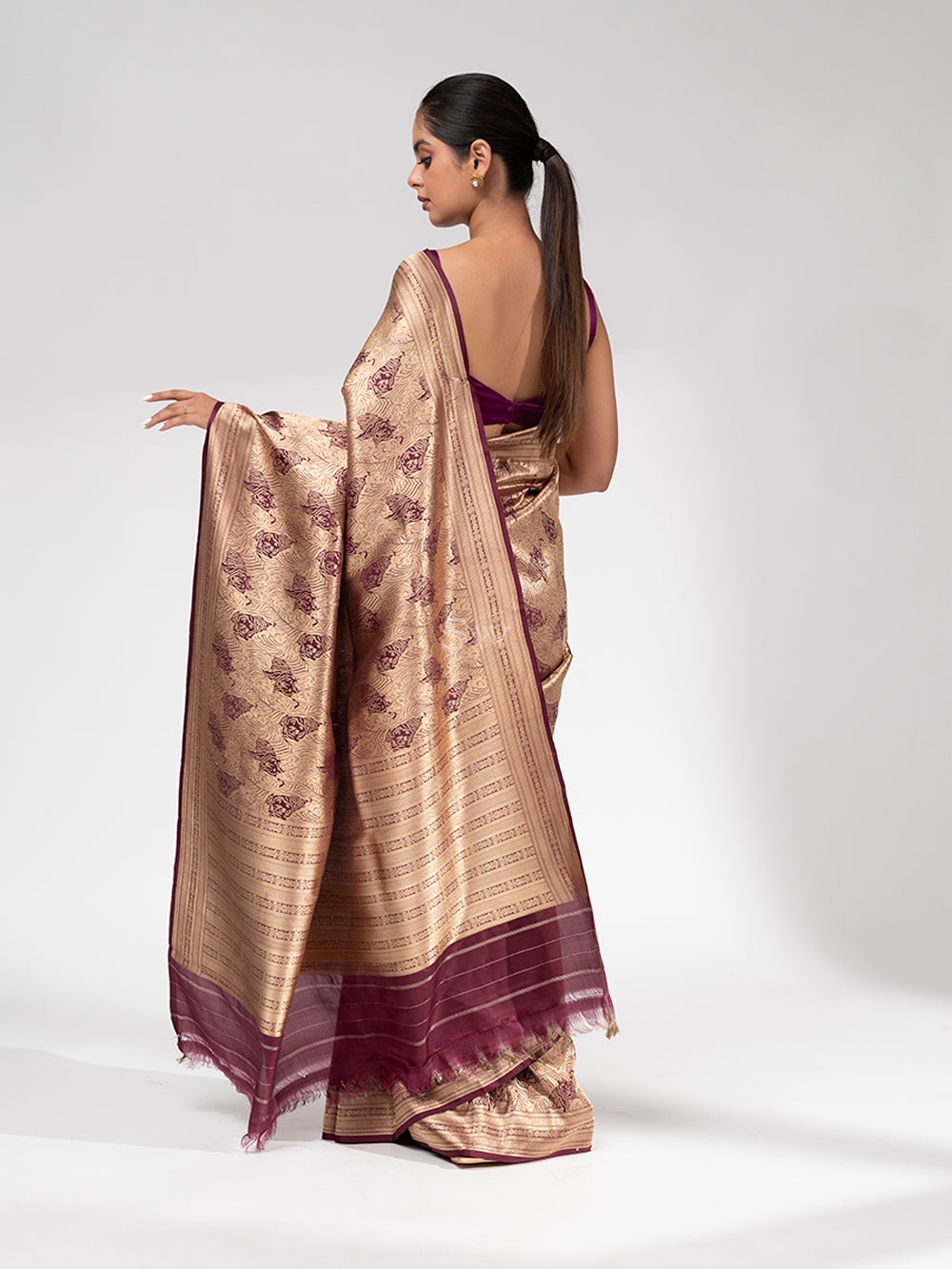 Wine Katan Silk Shikargah Brocade Handloom Banarasi Saree - Sacred Weaves