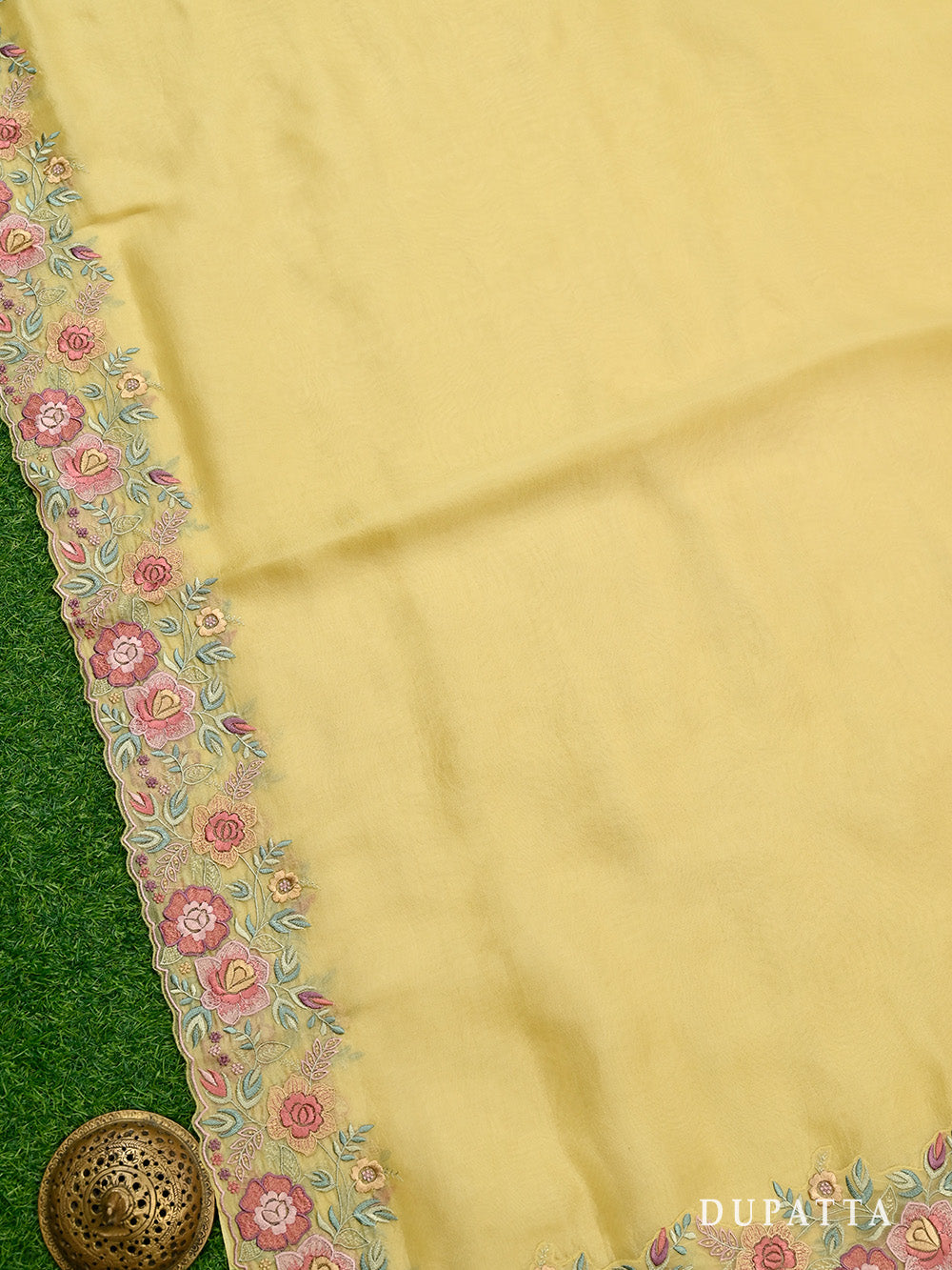 Lime Yellow Embroidery Organza Handloom Banarasi Suit