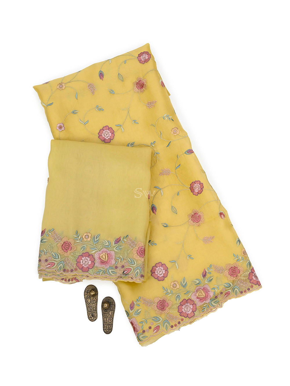 Lime Yellow Embroidery Organza Handloom Banarasi Suit