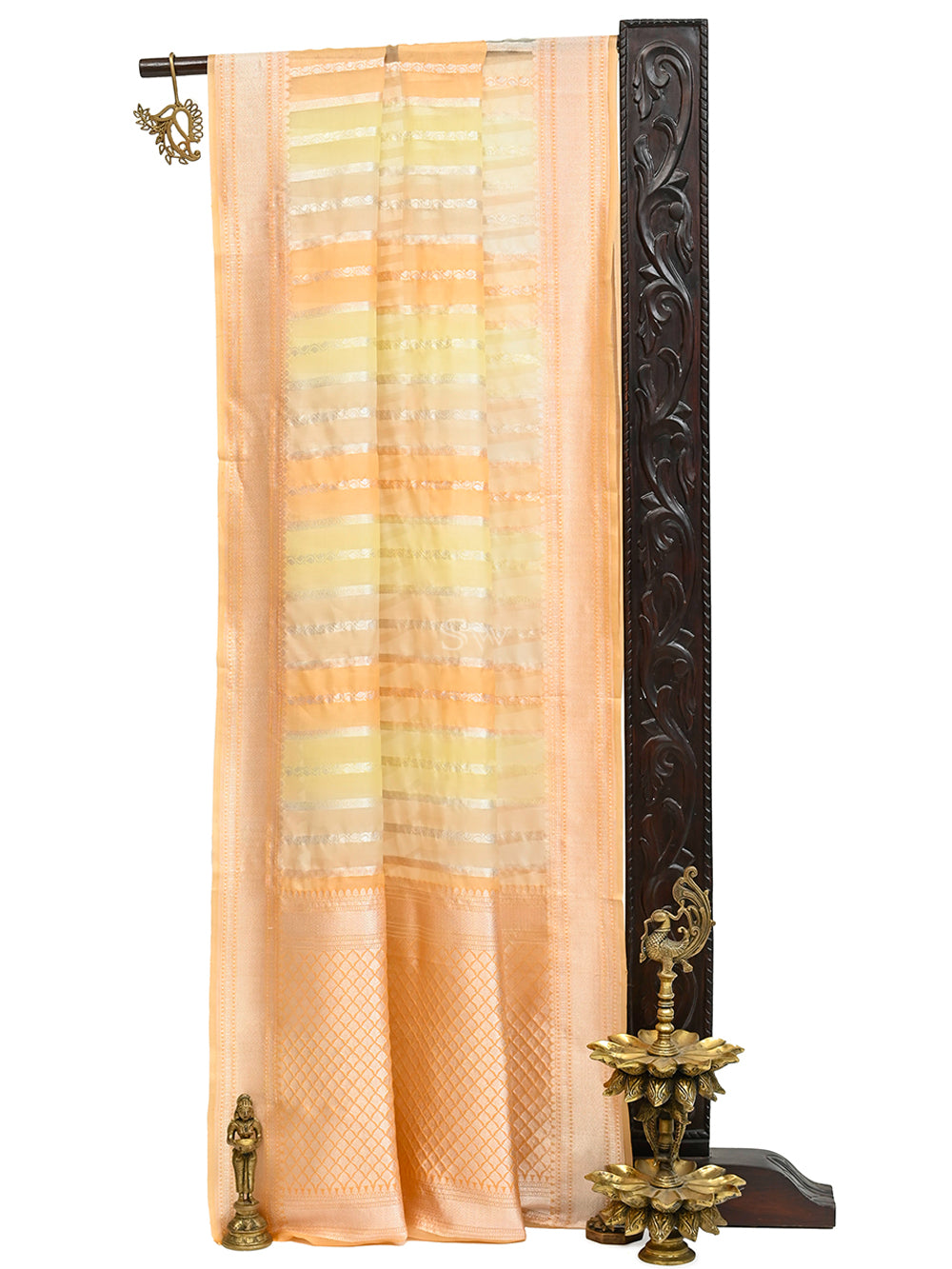 Pastel Peach Yellow Stripe Rangkat Organza Handloom Banarasi Saree - Sacred Weaves