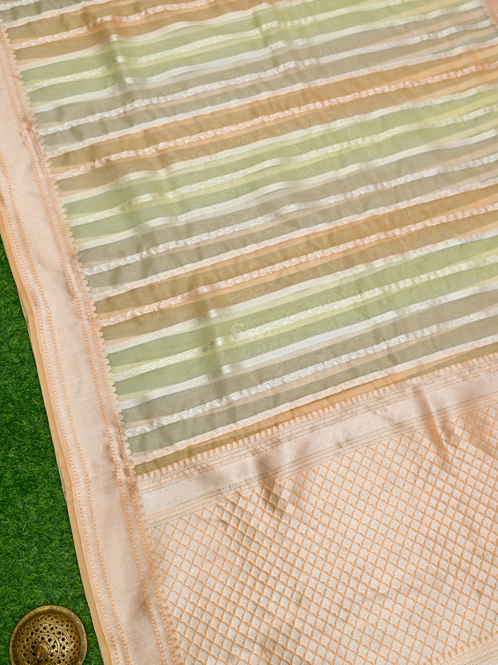 Pastel Peach Yellow Stripe Rangkat Organza Handloom Banarasi Saree - Sacred Weaves